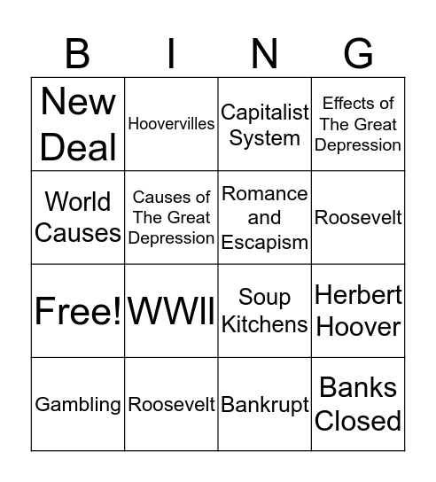 The Great Depression  Bingo Card