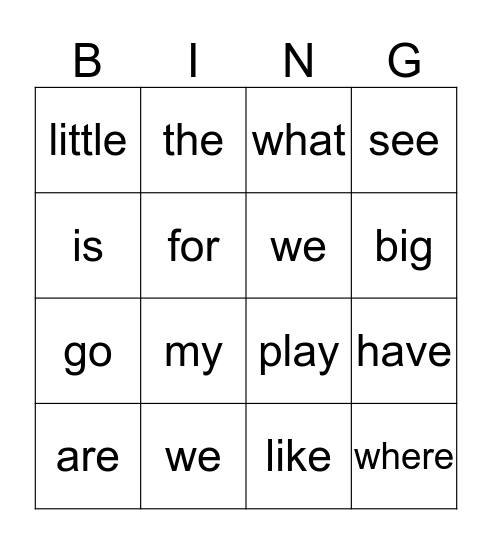 TK Sight Words Bingo Card