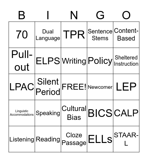 ELL Bingo for Interns Bingo Card