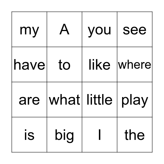 TK Sight Words Bingo Card