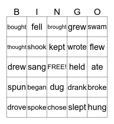 Irregular Past Tense Verbs Bingo Card