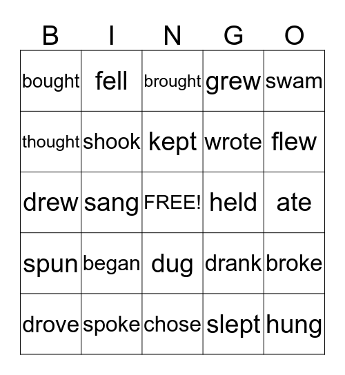Irregular Past Tense Verbs Bingo Card