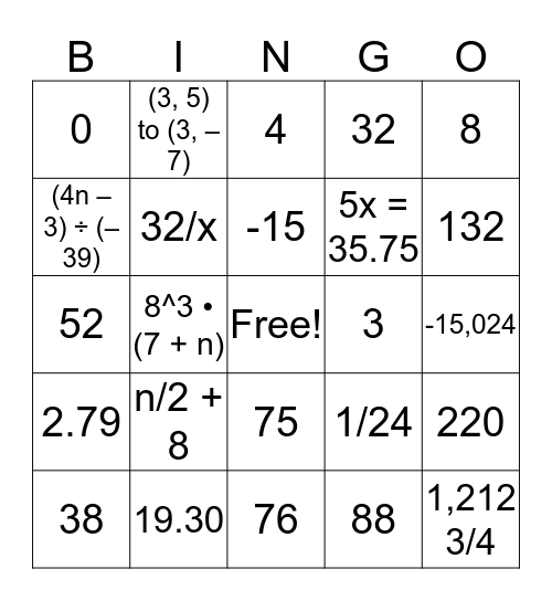 EOG Review Bingo Card