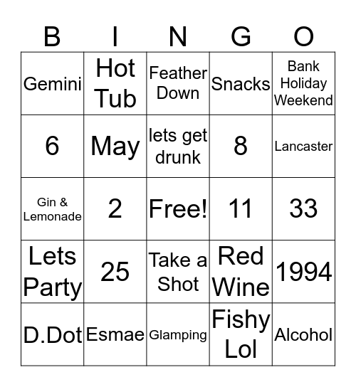 Dervises 25th Birthday Weekend Bingo Card