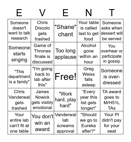 Lee Event Bingo Card