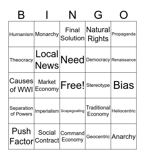 Social Studies Review Bingo Card