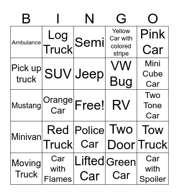 Vehicle Bingo Card