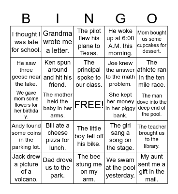 Sentence Bingo Card