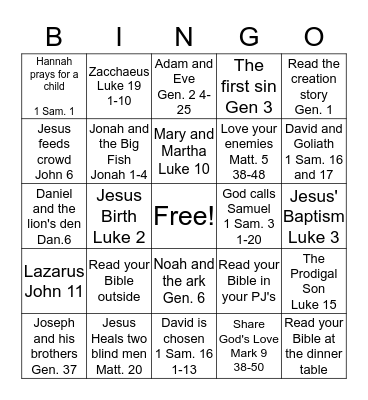 Children's Bible Reading BINGO Card