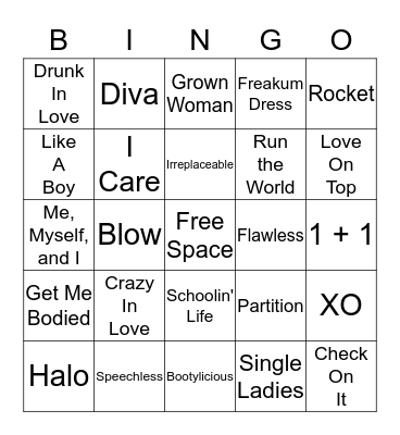 Beyonce Bingo Card