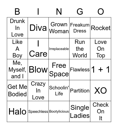 Beyonce Bingo Card