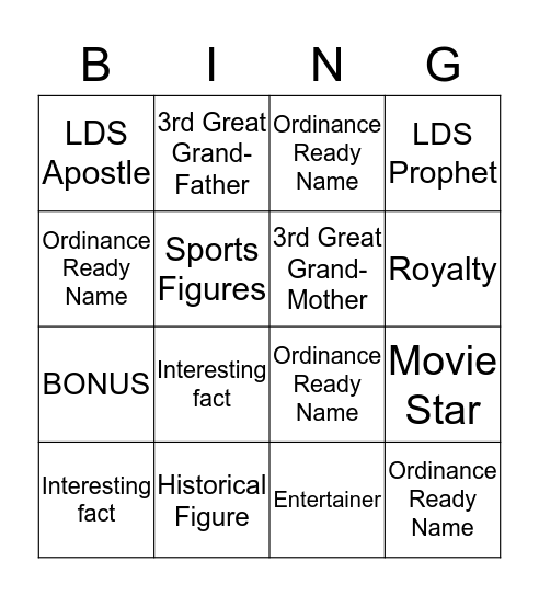 Family History Bing Bingo Card