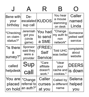 Health Net Jarbo Bingo Card
