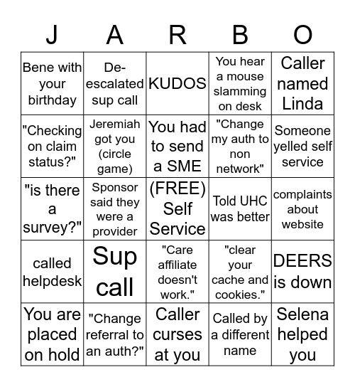 Health Net Jarbo Bingo Card