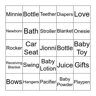 Jionni's Baby Shower Bingo Card