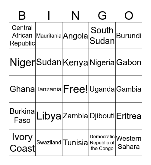 Africa Country Bingo Card