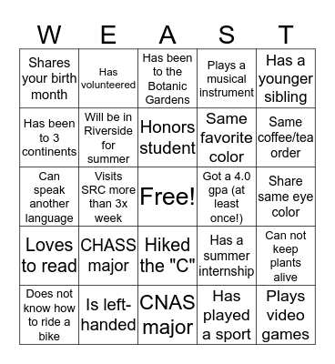Campus Apartments Bingo Card
