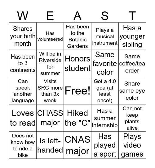 Campus Apartments Bingo Card