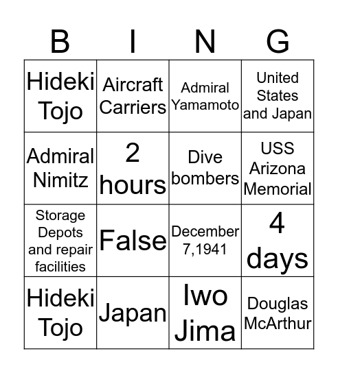 Test 7 Bingo Card
