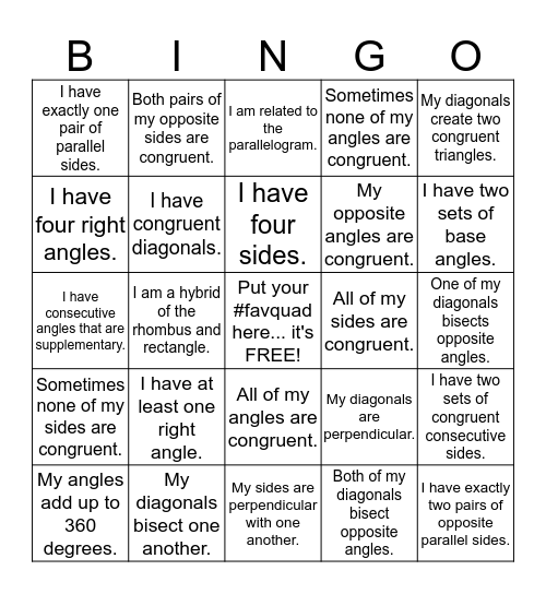 Quadrilaterals Bingo Card