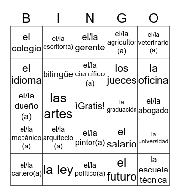 El vocabulario 9A Bingo Card