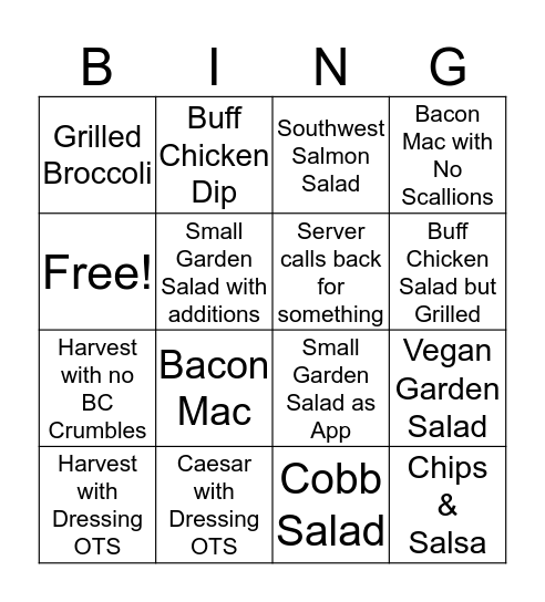 Salad Bingo Card