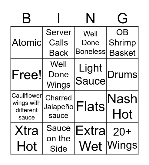 Wing Bingo Card