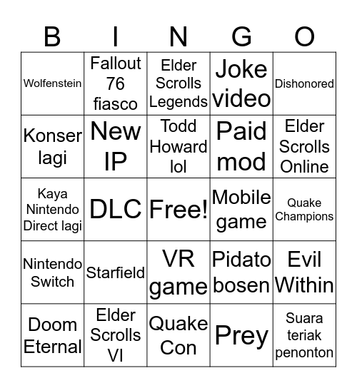 Bethesda E3 2019 Bingo Card