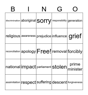 National Sorry Day Bingo Card