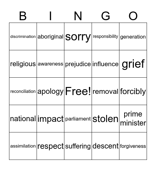 National Sorry Day Bingo Card