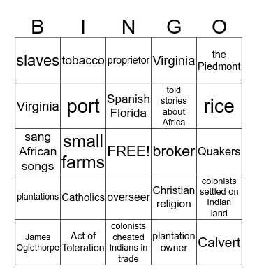 Southern Colonies Bingo Card