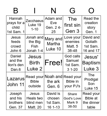 Children's Bible Reading BINGO Card