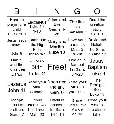 Children's Bible Reading BINGO Card