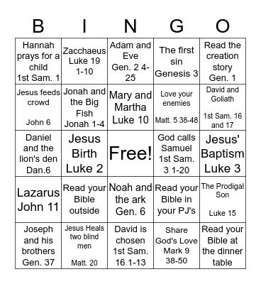Children's Bible Reading BINGO Card
