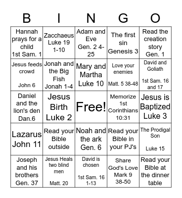 Children's Bible Reading BINGO Card