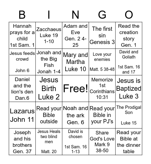 Children's Bible Reading BINGO Card