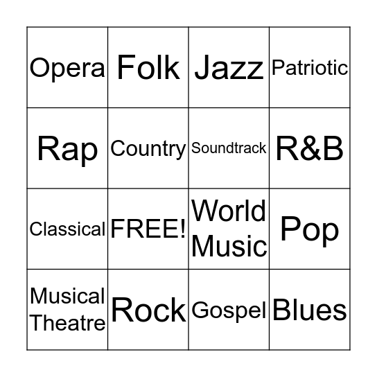 Genres of Music Bingo Card