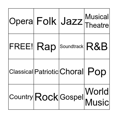 Genres of Music Bingo Card