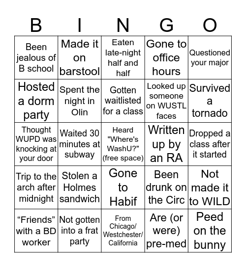 WashU Bingo Card