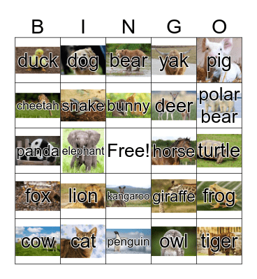 Animal Bingo Card
