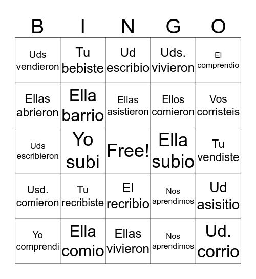 Regular Preterit Bingo Card