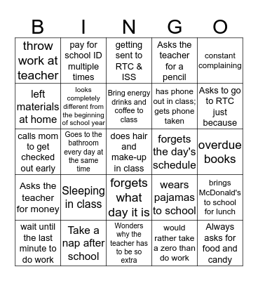 LAZY STUDENT Bingo Card