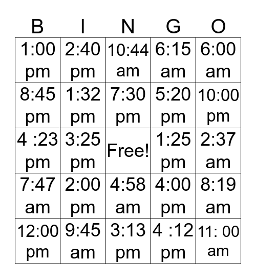 Telling Time Bingo Card