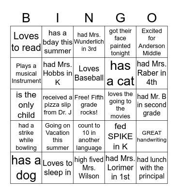 5th Grade Graduation Party Bingo Card