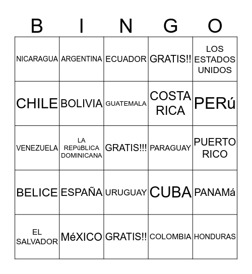 LOS PAíSES HISPANOHABLANTES Bingo Card