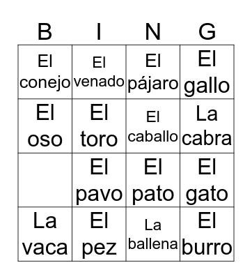 Los animales Bingo Card