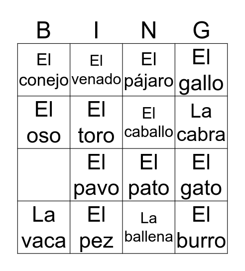 Los animales Bingo Card