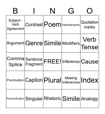 Language Arts Bingo Card