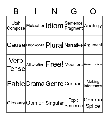 Language Arts Bingo Card