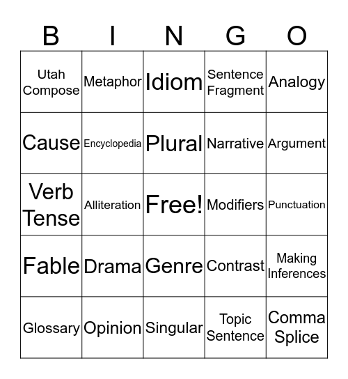 Language Arts Bingo Card
